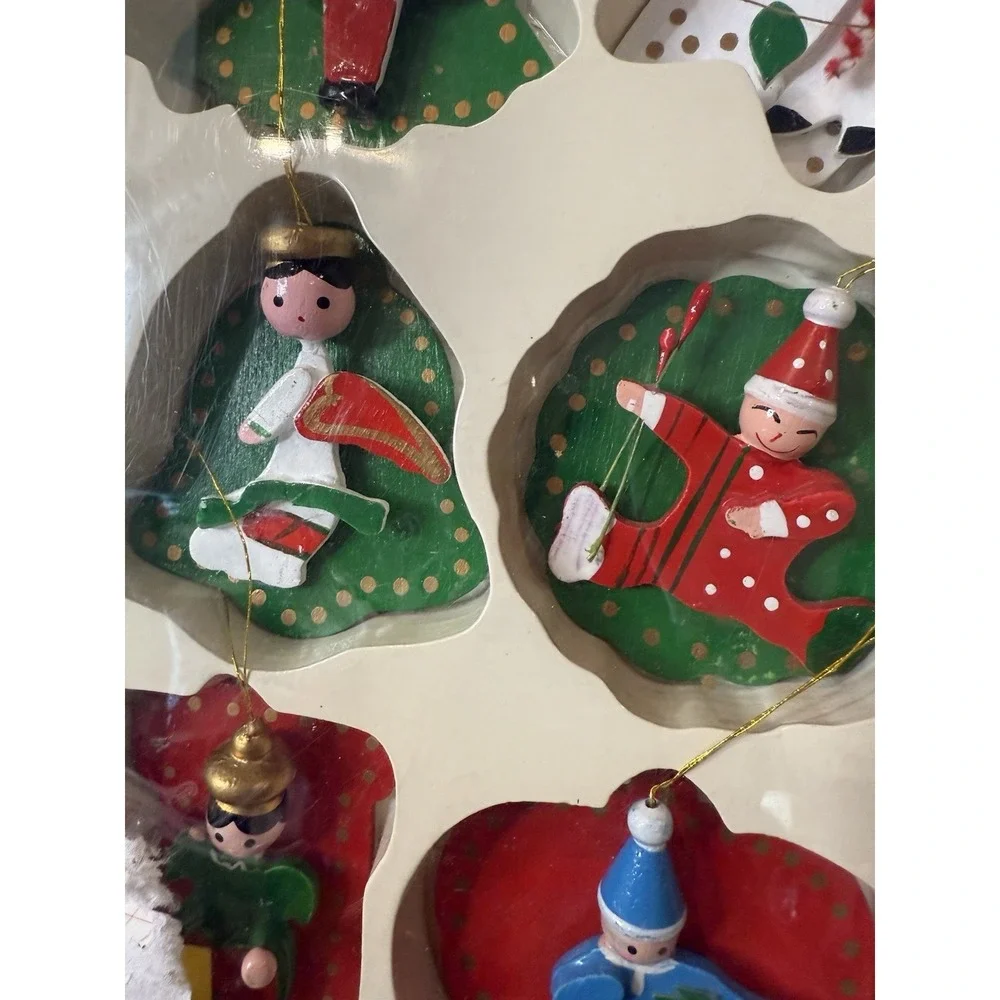 Vintage Christmas 12 Wooden Ornaments Hand Made Hand Painted 3-4